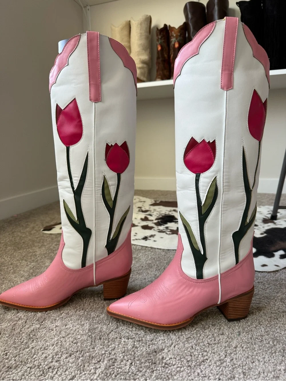 Women's Pink & White Floral Western Knee-High Boots